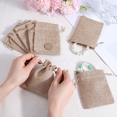 Polyester Imitation Burlap Packing Pouches Drawstring Bags ABAG-BBC0001-02A-01-1