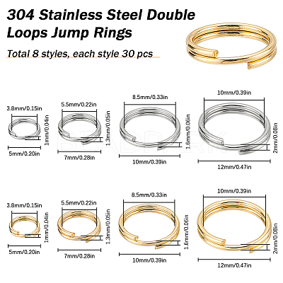240pcs 8 Styles 304 Stainless Steel Split Rings STAS-SC0005-98-1