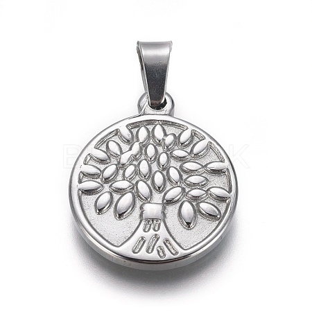 304 Stainless Steel Flat Round with Tree Pendants STAS-L148-03P-1
