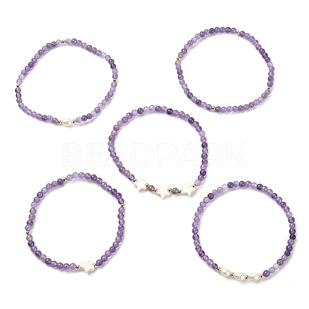 5Pcs 5 Style Natural Amethyst & Pearl & Shell Star Beaded Stretch Bracelets Set BJEW-JB09495-04-1