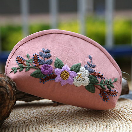 DIY Flower Pattern Moon-shaped Cosmetic Bag Embroidery Beginner Kit PW22112421248-1