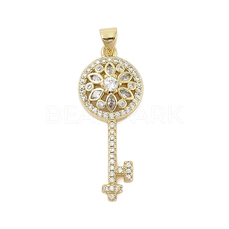 Skeleton Key Rack Plating Brass Micro Pave Cubic Zirconia Pendants KK-Z074-24G-1