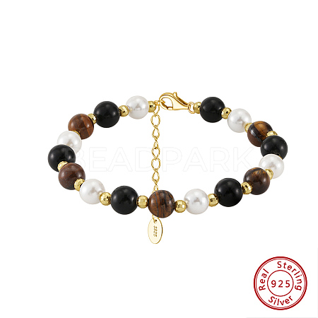 Natural Tiger Eye & Black Obsidian Beaded Bead Bracelets BJEW-L692-004G-1