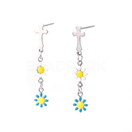 Cross with Flower Enamel Long Dangle Stud Earrings EJEW-N049-01A-1