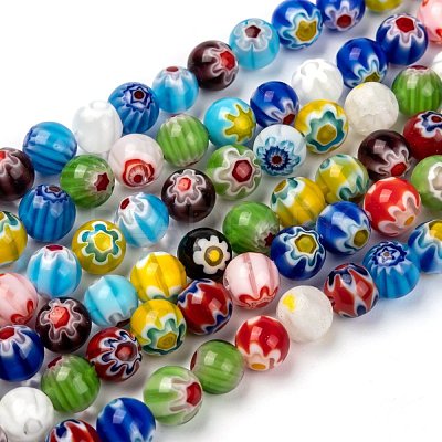 Millefiori Glass Round-Single Flower Bead Strands LK14-1