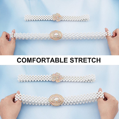 2Pcs 2 Style ABS Plastic Pearl Braided Stretch Chain Belts with Alloy Oval Clasp AJEW-CP0001-65-1