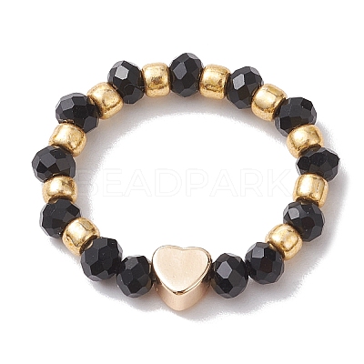 Glass Stretch Rings with Golden Plated Heart Brass Beads RJEW-JR00660-01-1