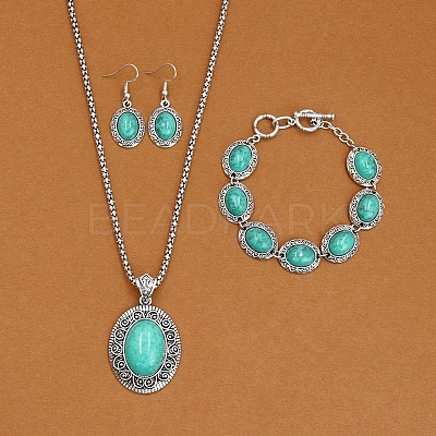 Oval Alloy with Synthetic Turquoise Pendant Necklaces & Dangle Earrings & Link Bracelets Sets WGD1135-09-1
