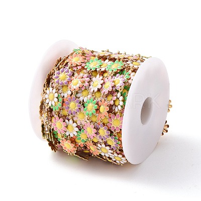 Ion Plating(IP) 304 Stainless Steel Daisy Flower Link Chains with Enamel AJEW-J035-03G-13-1