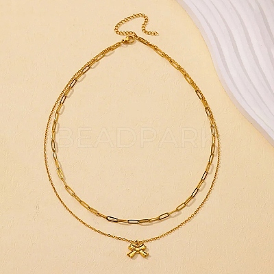 304 Stainless Steel Bowknot Pendant Necklaces NJEW-L182-001G-02-1