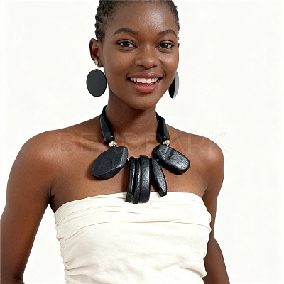 Aluminum & Wood Bead Necklceas & Stud Earrings Sets SJEW-H001-13B-1