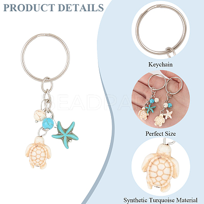 20Pcs Turtle with Starfish Synthetic Turquoise Pendant Keychains KEYC-CP0001-47B-1