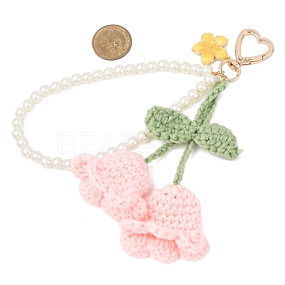 Handmade Cotton Yarn Crochet Lily of the Valley & Glass Pearl Round Bead Pendant Decorations HJEW-JM04389-03-1