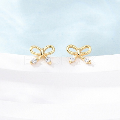 Bowknot 925 Sterling Silver Micro Pave Clear Cubic Zirconia Stud Earrings EJEW-K317-12G-1