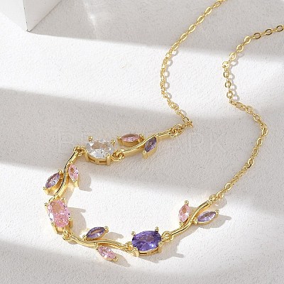 Brass Pave Cubic Zirconia Rose Flower Link Cable Chain Necklaces for Women NJEW-C121-05B-06G-1