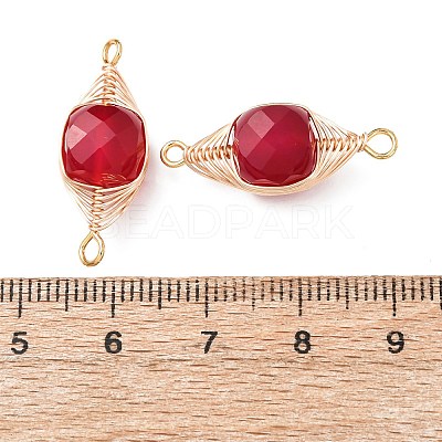 Natural Red Corundum Faceted Cube Links Connector Charms with Copper Herringbone Wire-Wrapped KK-Z152-06G-01A-1