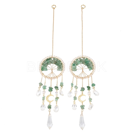Wire Wrapped Natural Green Aventurine Chip Tree of Life Window Hanging Prism Ornaments HJEW-TA00283-03-1