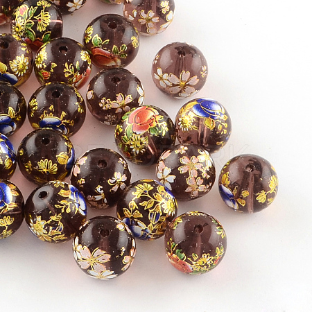 Mixed Flower Picture Printed Glass Round Beads GFB-R004-12mm-M14-1