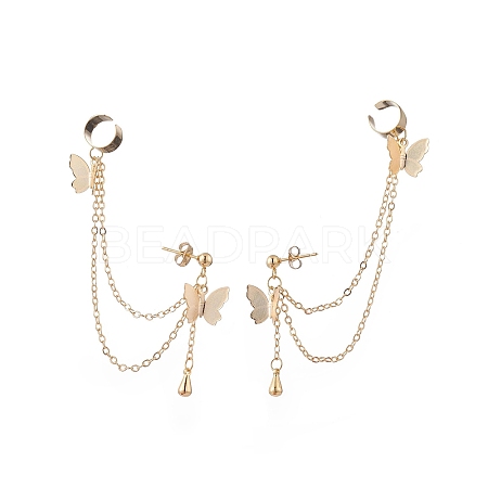 Brass Butterfly with Hanging Chain Dangle Stud Earrings EJEW-TA00152-1
