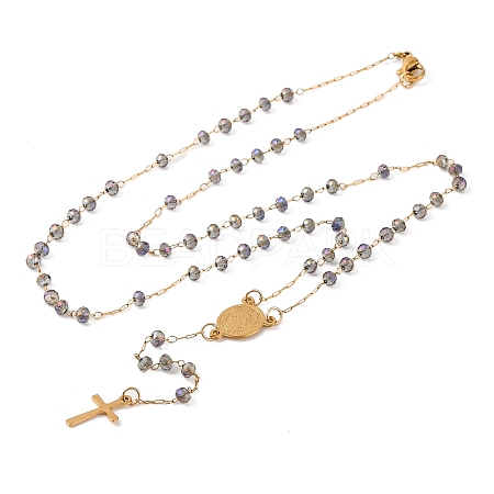 Ion Plating(IP) Crucifix Cross 304 Stainless Steel Rosary Bead Necklaces NJEW-M075-04G-02-1