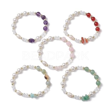 Round Gemstone & Shell Pearl Beaded Stretch Bracelets for Women BJEW-JB10666-1