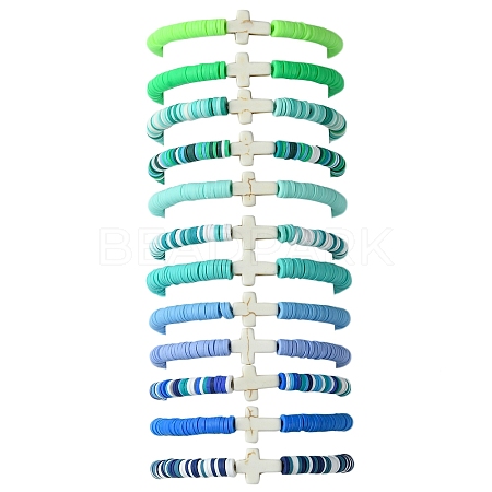 12Pcs 12 Colors Polymer Clay Disc Beaded Stretch Bracelet Sets BJEW-JB10736-1