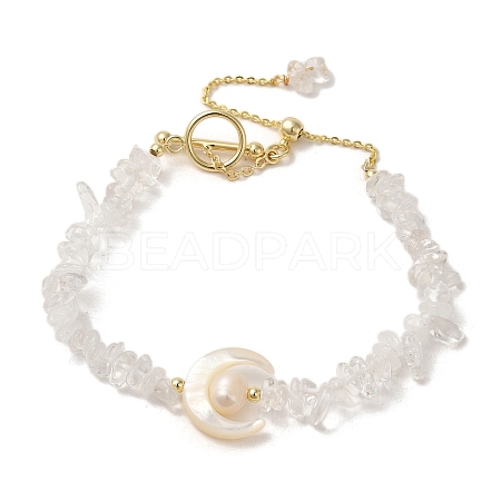 Crescent Mooon Natural Quartz Crystal & Shell & Pearl Beaded Bracelets BJEW-C051-45G-1