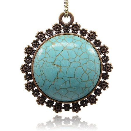 Red Cooper Plated Alloy Synthetic Turquoise Flat Round Pendants PALLOY-J229-02R-NF-1