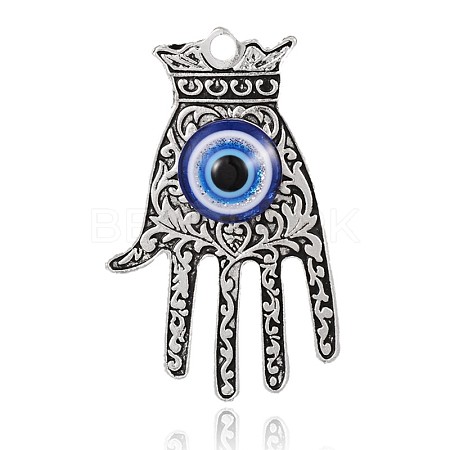 Antique Silver Plated Palm Alloy Glass Eye Big Pendants PALLOY-E405-01AS-1