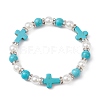 Synthetic Turquoise Cross & ABS Plastic Pearl Beaded Stretch Bracelet BJEW-JB09766-1