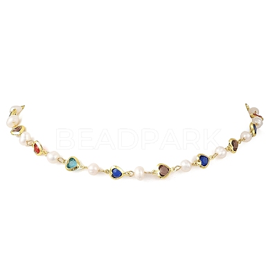 Natural Cultured Freshwater Pearl & Brass Glass Link Chains Necklaces for Women NJEW-JN06407-1