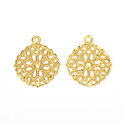 Flat Round Brass Flower Filigree Findings Charms Pendants KK-O015-05G-1