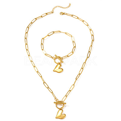 304 Stainless Steel Heart Charm Bracelets & Pendant Necklaces Sets for Women WG287A9-01-1