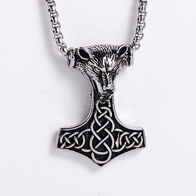 Vintage 304 Stainless Steel Wolf Flower Hammer Pendant Necklaces for Men DY0439-1