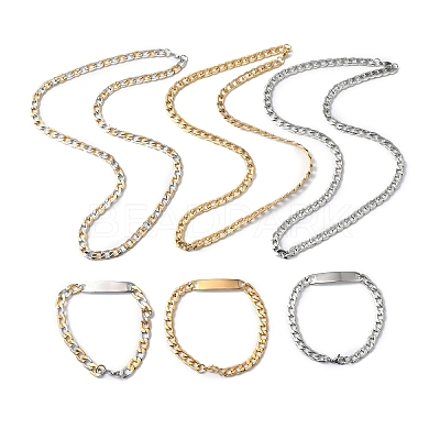 201 Stainless Steel Curb Chain Necklace & Rectangle Link Bracelet SJEW-F220-02B-1
