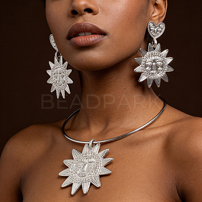 Sun Face Alloy Pendant Choker Necklaces & Stud Dangle Earrings Sets for Women WG548F2-02-1