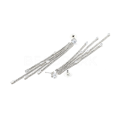 Clear Cubic Zirconia & Crystal Rhinestone Long Tassel Dangle Stud Earrings LS-EJEW-C037-07B-P-1