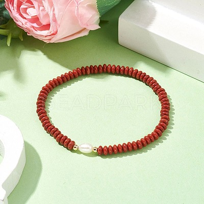 Natural Red Jasper Rondelle & Pearl Beaded Stretch Bracelets BJEW-JB09918-01-1