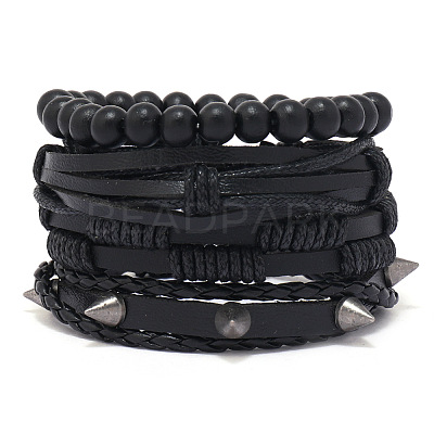 4Pcs 4 Styles Wood Beads Stretch Braceletas & Alloy Artificial Leather Cord Bracelet Sets for Men FS-WG9743B-04-1