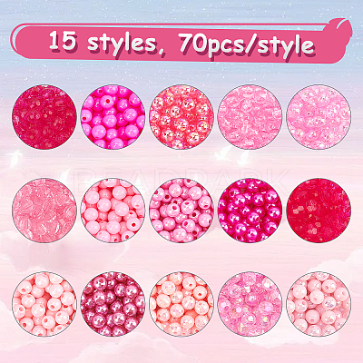 1050Pcs 15 Style Pink Series Round Transparent Plastic & Imitation Pearl Acrylic Beads TACR-CA0001-07-1