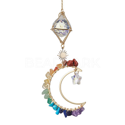 Natural & Synthetic Gemstone Chip Pendant Decorations with Brass Moon & Cable Chain HJEW-JM01646-1