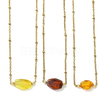 Gradient Color Natural Amber Nuggets Bead Pendant 304 Stainless Steel Satellite Chain Necklaces for Women NJEW-JN06063-1