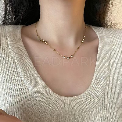304 Stainless Steel Pave Clear Cubic Zirconia Flat Round Link Chain Necklaces for Women WGAC544-01-1