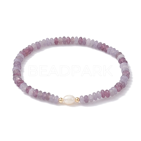 Natural Lepidolite/Purple Mica Stone Rondelle & Pearl Beaded Stretch Bracelets BJEW-JB09918-04-1