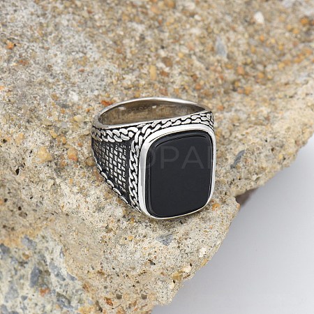 304 Stainless Steel with Natural Black Agate Finger Rings FS-WG67565-05-1