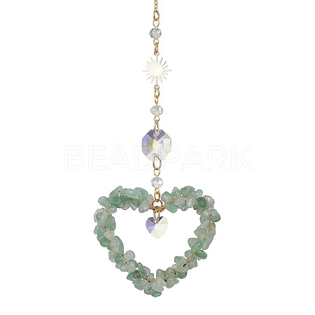 Heart Natural Green Aventurine Chip Pendant Drcorations HJEW-JM01651-03-1