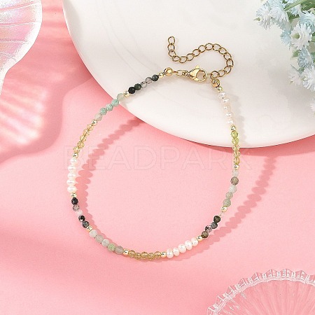 Gradient Faceted Round Natural Moss Agate & Green Aventurine & Potato Natural Pearl Beaded Anklets AJEW-AN00873-01-1