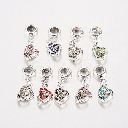 Heart Antique Silver Plated Alloy Rhinestone European Dangle Charms Large Hole Pendants MPDL-K014-M-1