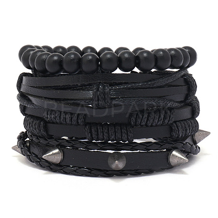 4Pcs 4 Styles Wood Beads Stretch Braceletas & Alloy Artificial Leather Cord Bracelet Sets for Men FS-WG9743B-04-1