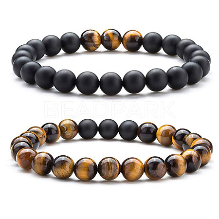 2Pcs 2 Style Natural Tiger Eye & Synthetic Black Stone Round Beaded Stretch Bracelets Set SF6156-1-1